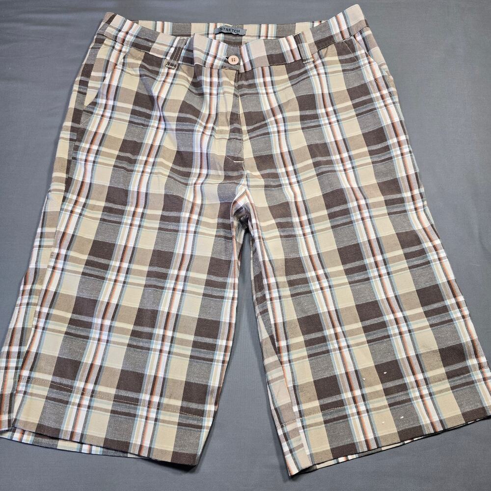 Raviya Brown Tan Shorts Preppy Bermuda Plaid Stretch Classic Chino Womens Size 8